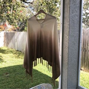 Chico’s Cream Brown Ombre Fringe Poncho Sweater L/XL Cozy Boho Layer